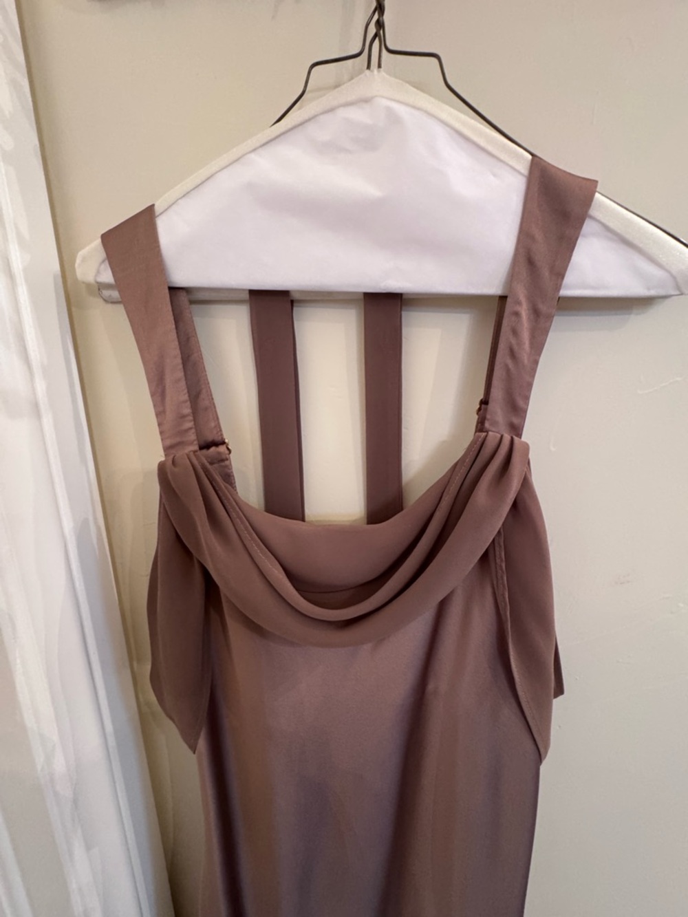 Satin Cowl Neck Slip Dress in light brown/tan
